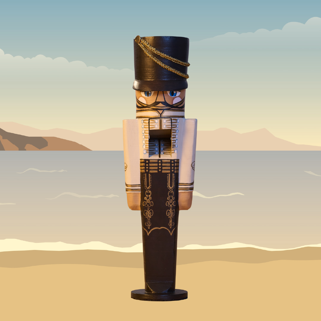 A nutcracker doll on the beach